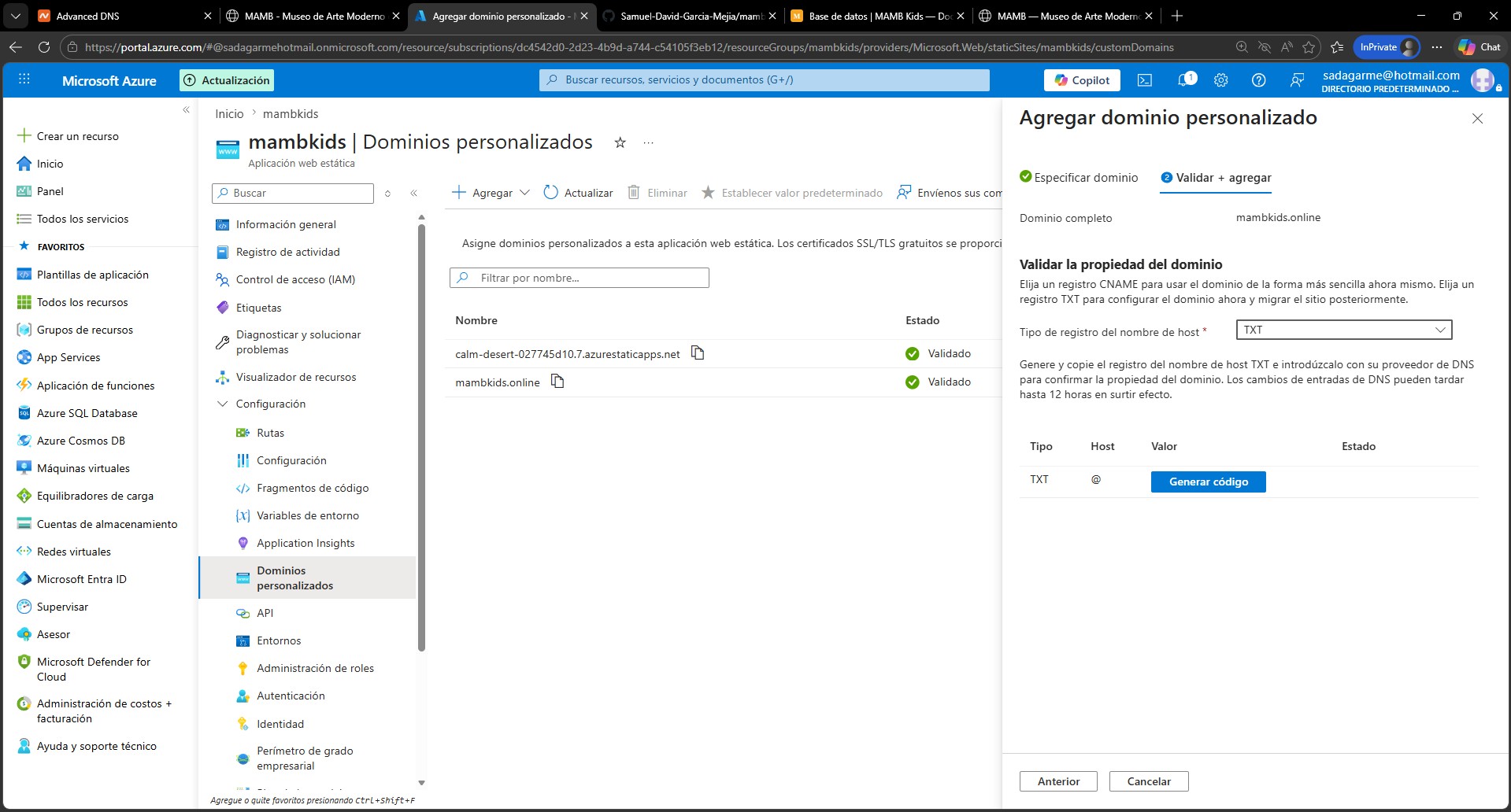 Valores TXT y CNAME generados por Azure